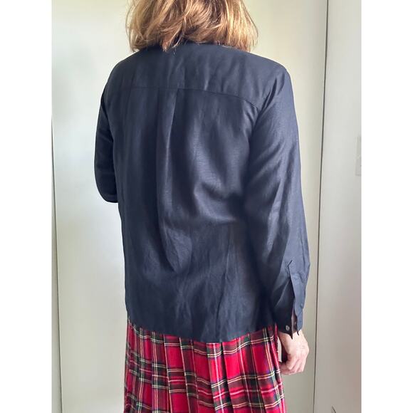 Vintage 90s Minimalist Linen Black Blouse Size 10P Long Sleeve Mock Collar Chic - Picture 4 of 9